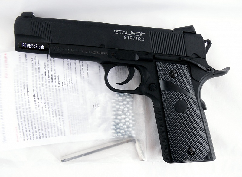 Пистолет пневм. Stalker S1911RD (аналог Colt 1911) к.4,5мм, металл-пласт,120м/с, блоубэк,черный. купить по оптимальной цене,  доставка по России, гарантия качества
